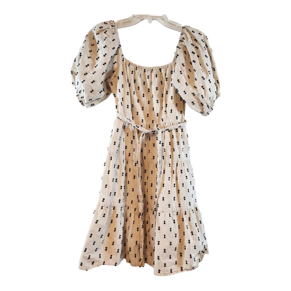 Sim & Sam womens dress sz medium linen blend cream black lined puffy sleeves
